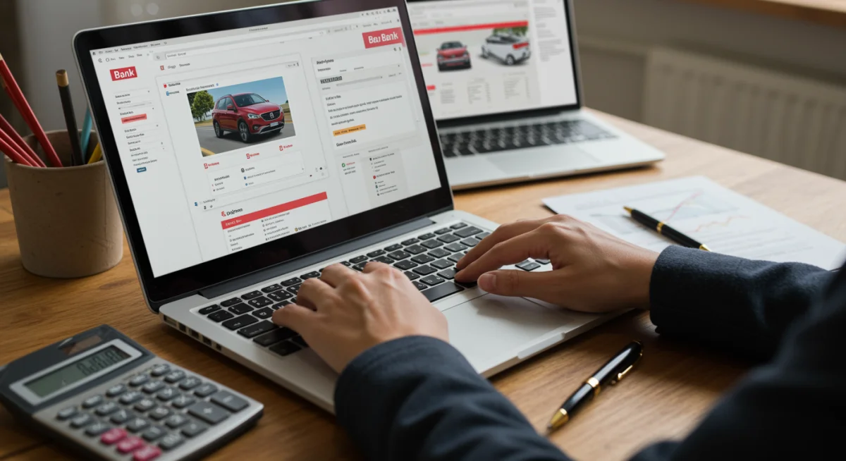 Pessoa comparando opções de financiamento de veículos online em um laptop.