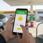 Pessoa comparando preços de gasolina em aplicativo no celular, com bomba de combustível ao fundo.