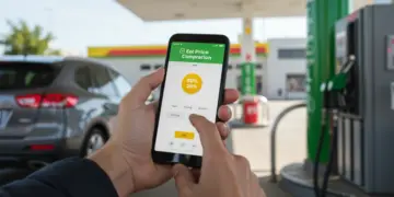 Pessoa comparando preços de gasolina em aplicativo no celular, com bomba de combustível ao fundo.