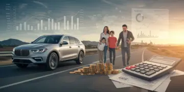 Comparativo entre consórcio e financiamento de carros em 2025 com gráficos e família feliz.