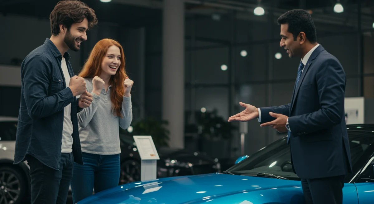 Casal observando um carro novo em uma concessionária, com um vendedor explicando, representando uma compra de veículo bem-sucedida e informada.