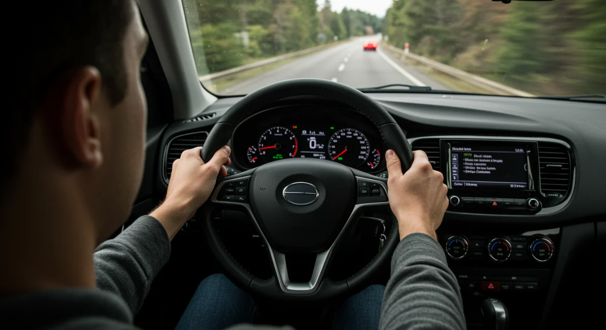 Motorista com as mãos no volante, dirigindo de forma suave e atenta, evitando acelerações bruscas.