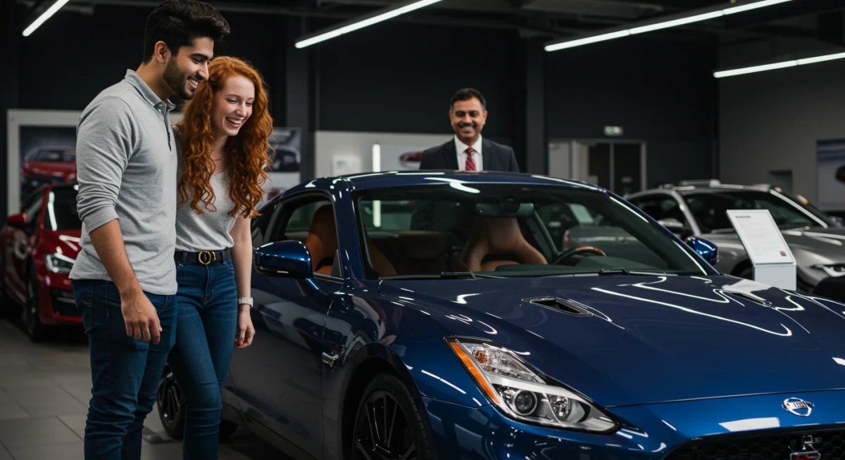 Casal alegre em concessionária, olhando um carro novo, representando a conquista do objetivo de compra do carro.