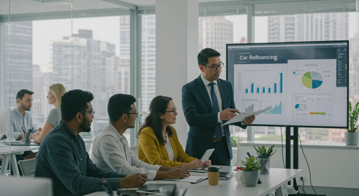 Grupo de pessoas discutindo opções financeiras com um consultor, ilustrando a busca por aconselhamento especializado em refinanciamento de veículos.