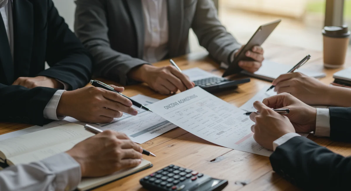 Grupo de pessoas discutindo opções de financiamento com um consultor financeiro, focando em soluções para crédito automotivo.