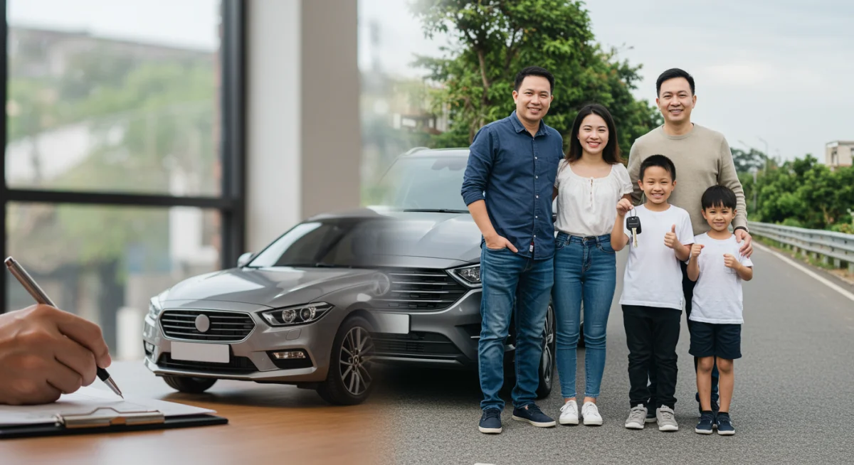 Pessoas analisando contratos de leasing e família com carro financiado, simbolizando as opções de aquisição.