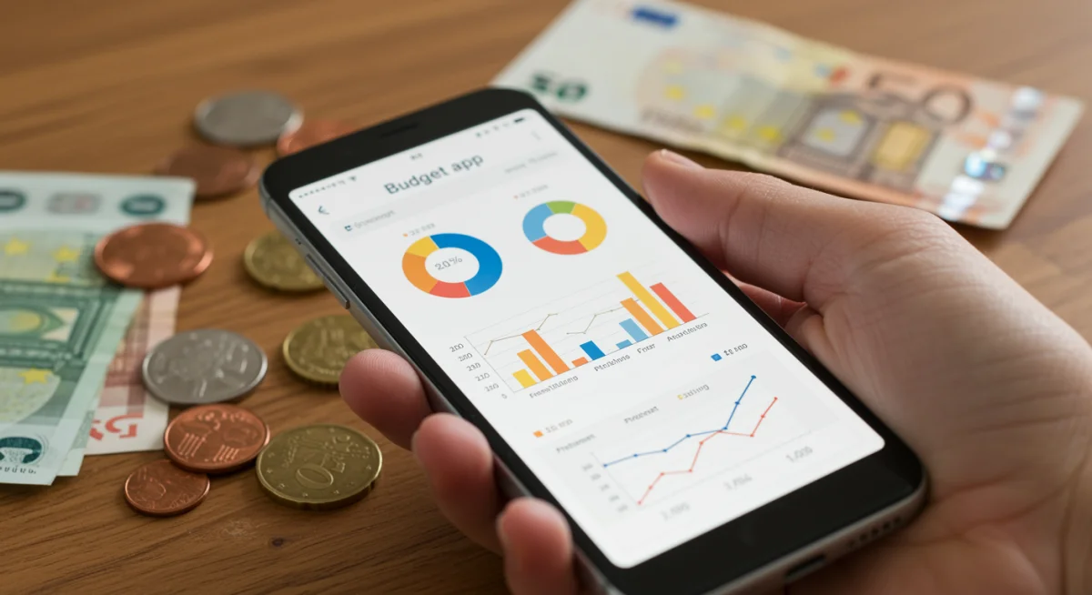Mão segurando smartphone com aplicativo de orçamento, moedas e notas na mesa, representando controle financeiro digital.
