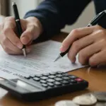 Pessoa preenchendo formulário de Imposto de Renda, com chave de carro e calculadora, representando a declaração de veículos.