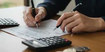 Pessoa preenchendo formulário de Imposto de Renda, com chave de carro e calculadora, representando a declaração de veículos.