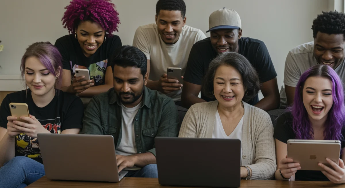 Diverse audience watching short-form digital content on multiple devices