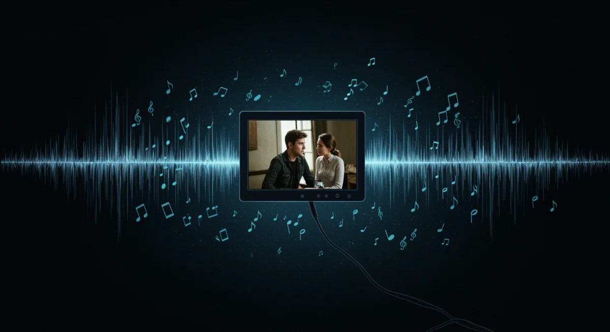 Sound waves and musical notes emanating from a drama scene