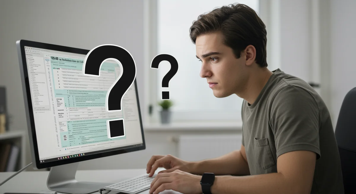 Pessoa confusa olhando para tela de computador com formulários fiscais, ilustrando dúvidas na declaração de imposto.