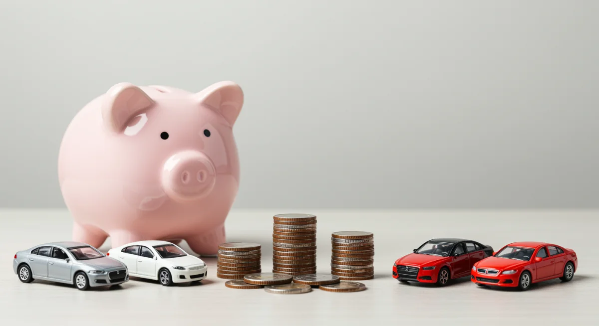 Cofre cheio de moedas ao lado de miniaturas de carros, representando economia para quitar o financiamento.