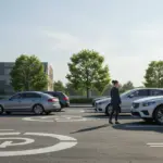 Carros estacionados em vagas rotativas com parquímetro digital em uma rua movimentada