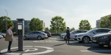 Carros estacionados em vagas rotativas com parquímetro digital em uma rua movimentada