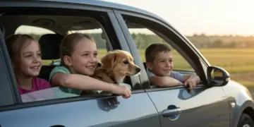Família feliz viajando de carro com cachorro, pais e filho sorrindo, com paisagem de estrada ao fundo.