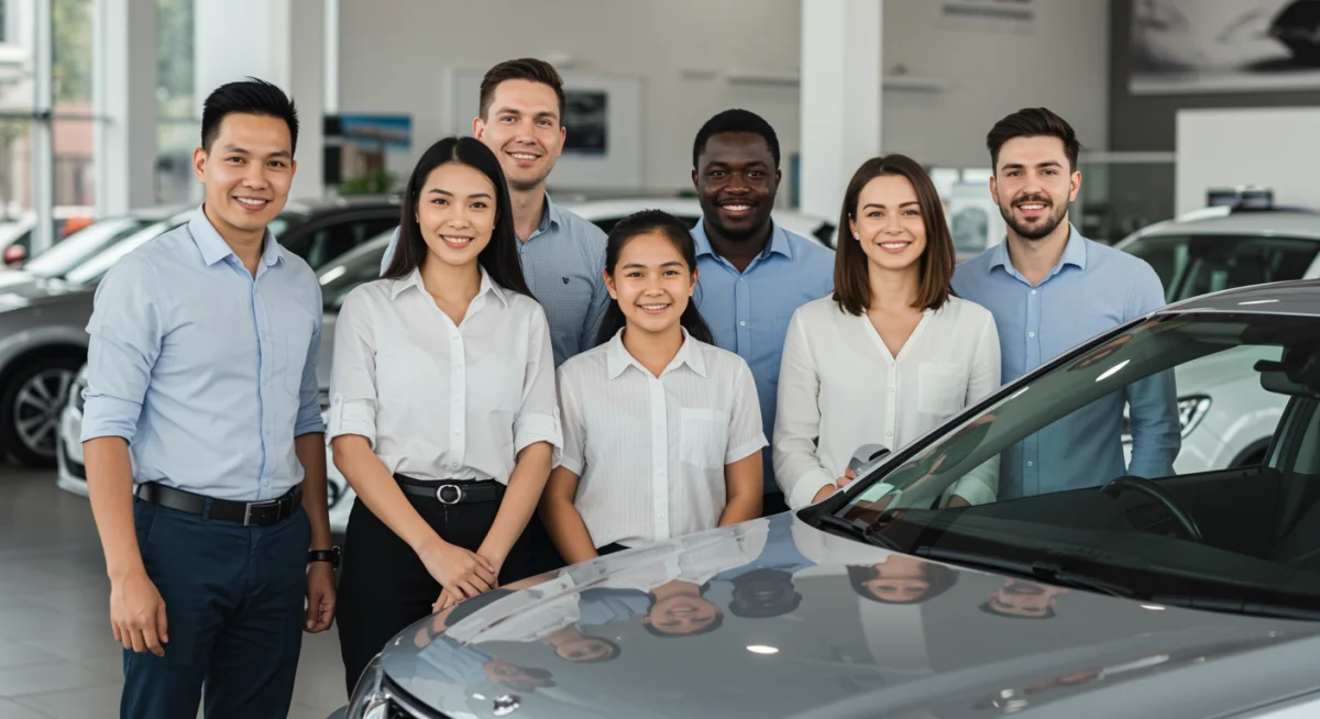 Família feliz ao lado de um carro novo em uma concessionária, simbolizando a concretização do sonho da compra após planejamento financeiro.