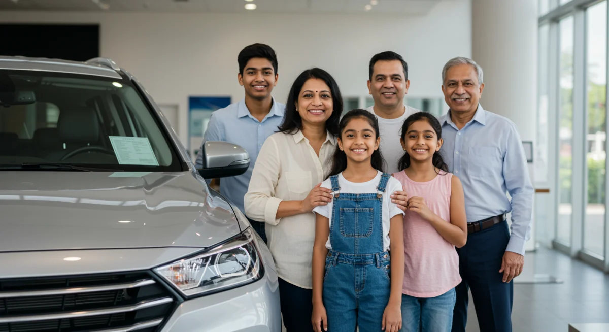 Família feliz ao lado de um carro novo na concessionária
