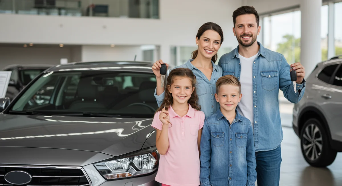 Família feliz recebendo as chaves de um carro novo em uma concessionária.