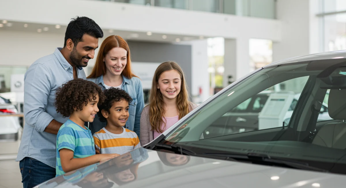 Família feliz olhando para um carro em concessionária, simbolizando a compra bem-sucedida de um veículo.