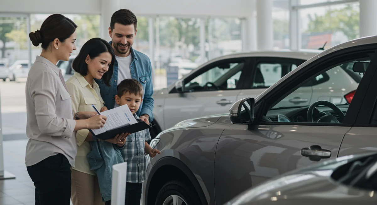 Família feliz em concessionária de veículos, conversando com vendedor sobre um carro novo, após planejamento de financiamento.