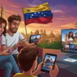 Familia venezolana disfrutando short dramas en streaming, con Caracas de fondo, simbolizando el impacto cultural.