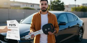 Pessoa segurando chave de carro com veículo ao fundo, simbolizando financiamento com FGTS.
