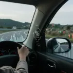 Pessoa dirigindo um carro novo, com gráficos financeiros e símbolo de juros decrescentes, representando financiamento inteligente em 2025.