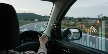 Pessoa dirigindo um carro novo, com gráficos financeiros e símbolo de juros decrescentes, representando financiamento inteligente em 2025.