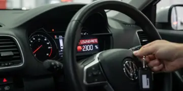 Painel de carro moderno com taxa de juros baixa exibida, simbolizando financiamento acessível.