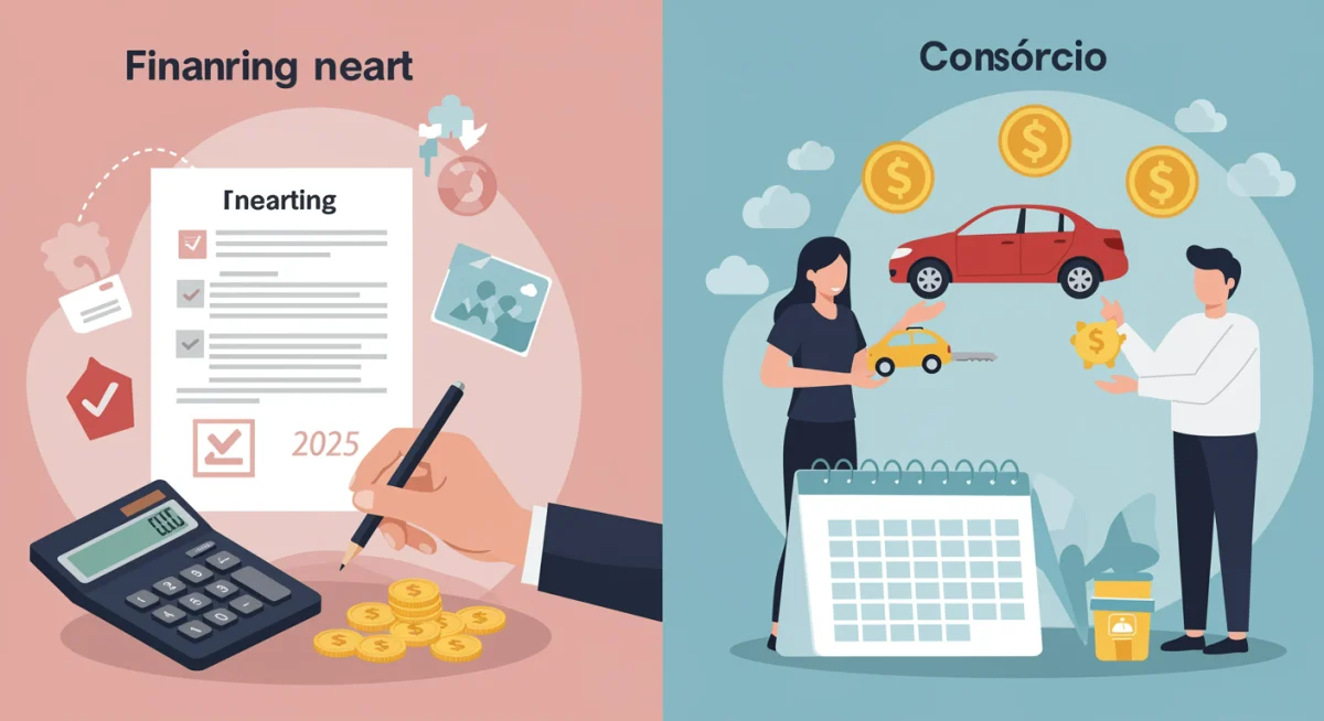 Comparativo visual entre a rapidez do financiamento e o planejamento do consórcio para adquirir um carro.