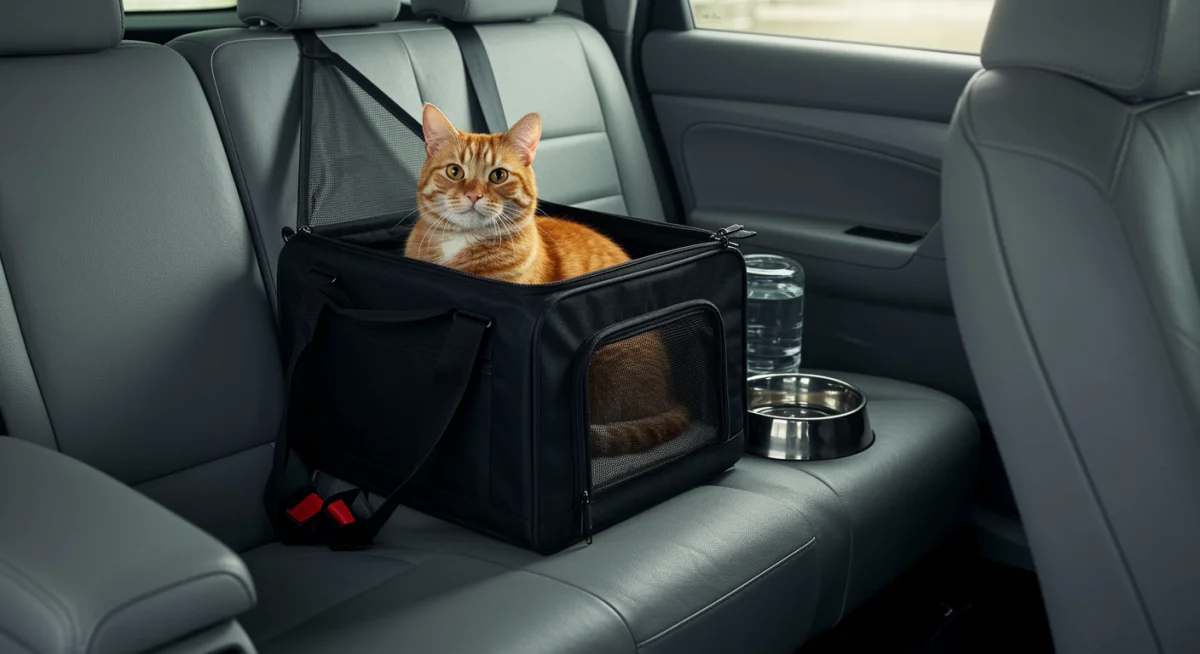 Gato tranquilo em caixa de transporte segura dentro de um carro, pronto para a viagem.