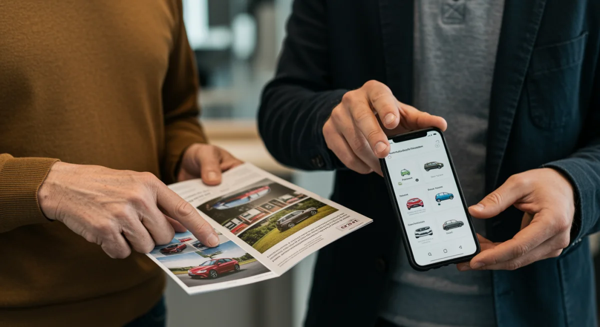 Duas pessoas, uma mais velha e uma mais jovem, discutindo opções de veículos, com um folheto de carro próprio e um aplicativo de carro por assinatura em um celular, representando diferentes gerações e escolhas de mobilidade.