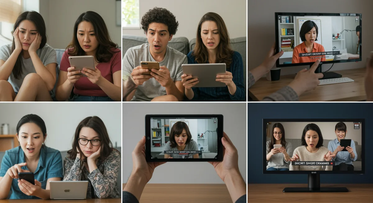 Diverse audience watching 3-episode short dramas on multiple devices, showcasing accessibility and global appeal.