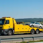Um caminhão-guincho moderno rebocando um carro de passeio em uma rodovia ensolarada, simbolizando assistência veicular.