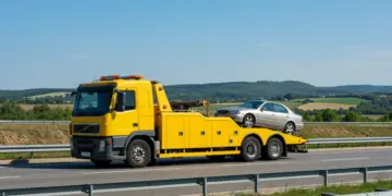 Um caminhão-guincho moderno rebocando um carro de passeio em uma rodovia ensolarada, simbolizando assistência veicular.