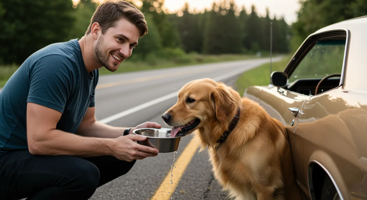 Pessoa oferecendo água para cachorro em parada durante viagem de carro, mostrando cuidado e hidratação.