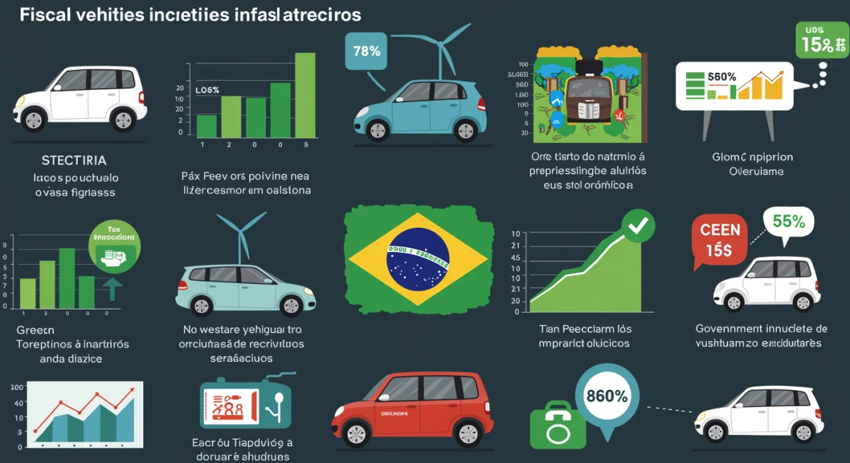 Infográfico detalhado sobre incentivos fiscais para veículos elétricos no Brasil, incluindo isenções de IPVA e ICMS, e linhas de crédito verde.