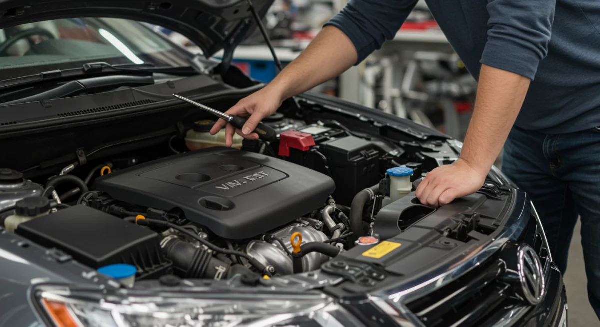 Inspeção detalhada do motor de um carro usado por um comprador atento.
