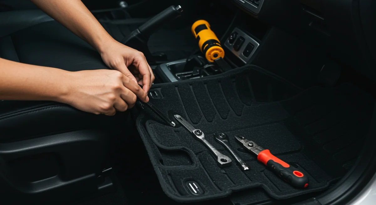 Pessoa instalando um acessório automotivo no carro, como um tapete ou capa de banco, simbolizando economia com instalação DIY.