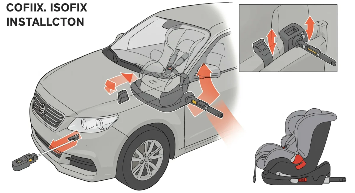 Diagrama detalhado mostrando a instalação correta de uma cadeirinha com sistema ISOFIX no veículo.