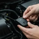 Dispositivo rastreador GPS sendo instalado discretamente no compartimento do motor de um carro, destacando a tecnologia e a instalação oculta.