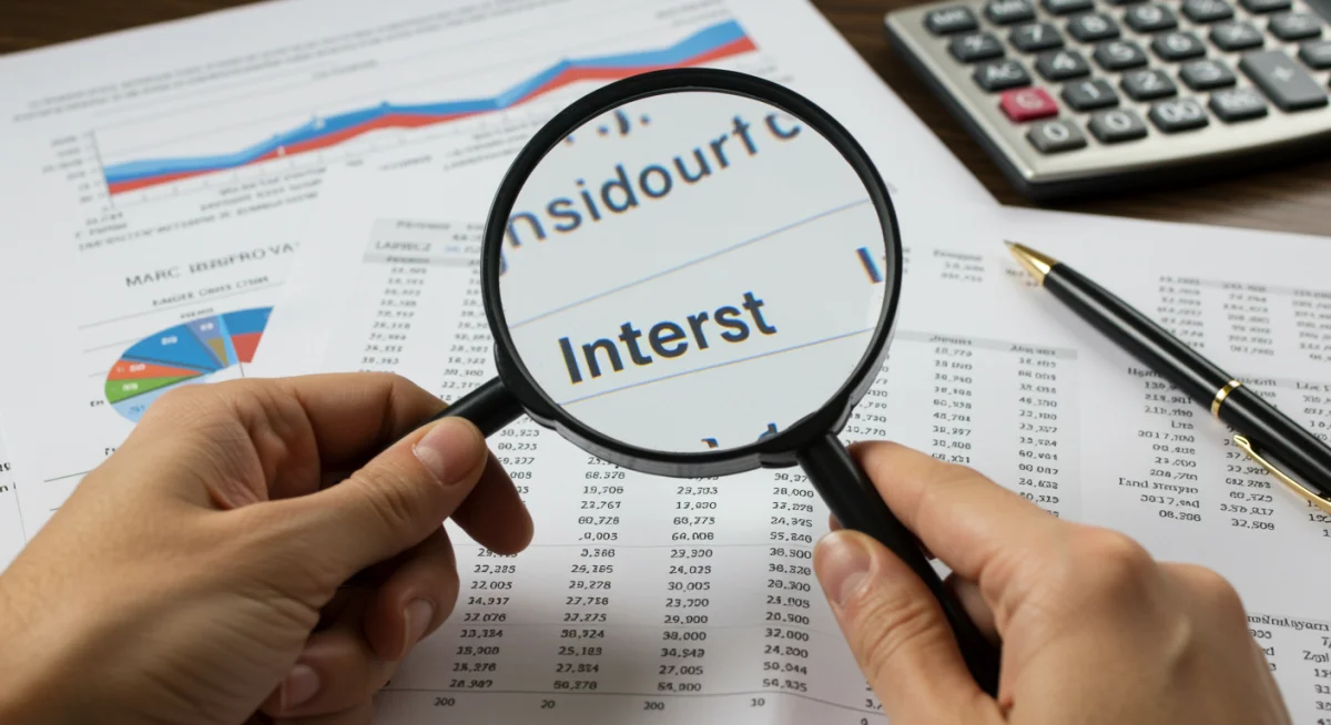 Mão segurando lupa sobre documento com termos financeiros e taxas de juros