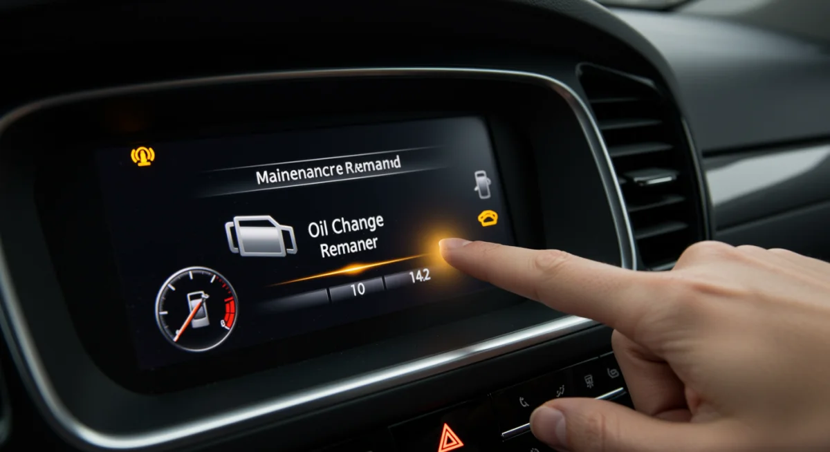 Painel de carro com luz de aviso de troca de óleo acesa, indicando a necessidade de manutenção.