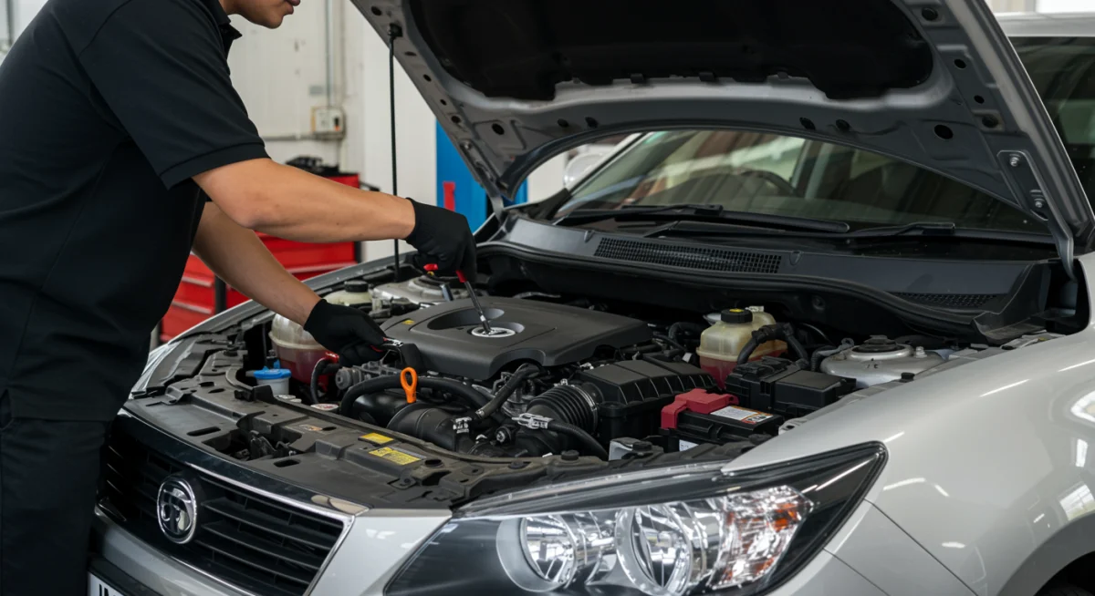 Mecânico inspecionando o sistema de ar-condicionado de um carro, destacando a importância da manutenção preventiva.