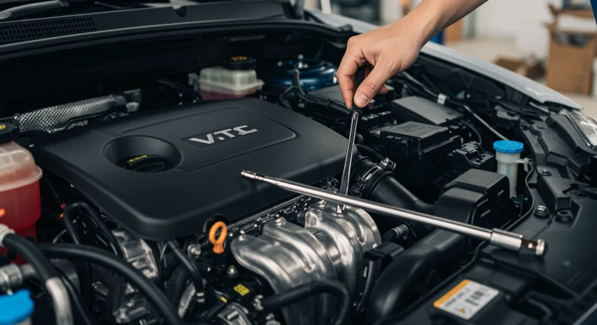 Mecânico verificando o motor de um carro, com foco na manutenção para economia de combustível.