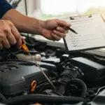 Mecânico verificando fluidos do motor de um carro antes de uma viagem, com foco em manutenção preventiva e economia.