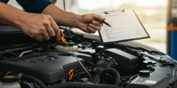 Mecânico verificando fluidos do motor de um carro antes de uma viagem, com foco em manutenção preventiva e economia.