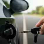 Medidor de combustível de um carro, indicando baixo nível, com uma mão girando a chave na ignição.
