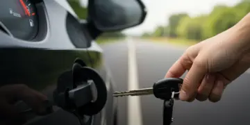Medidor de combustível de um carro, indicando baixo nível, com uma mão girando a chave na ignição.